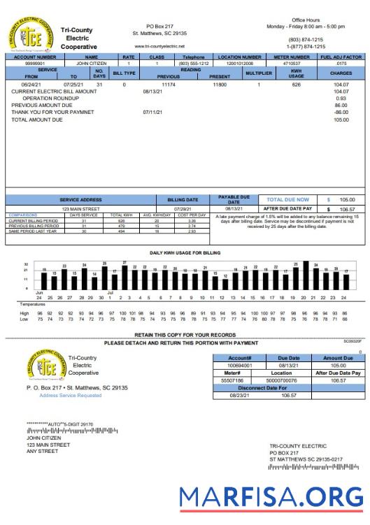 Blank USA Tri County Electric Cooperative utility bill template in Word and PDF format